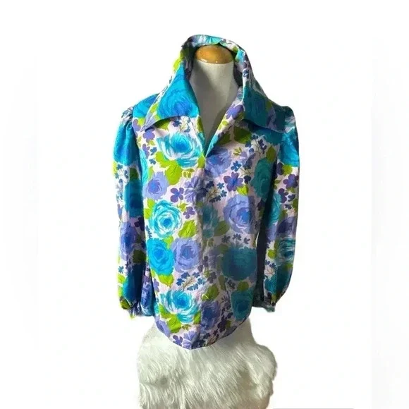 Retro vintage style HANDMADE woman’s pleated top floral BOLD pattern - Picture 2 of 9